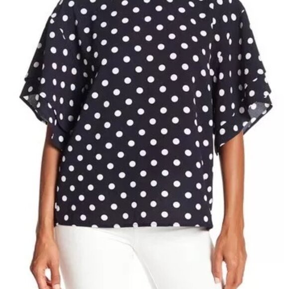 BOBEAU Blouse Ruffle Sleeve Top White with Black polka dots - Size Large - Picture 1 of 5